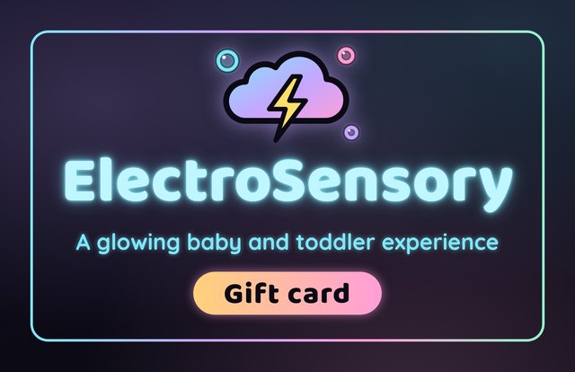 The ElectroSensory gift card: a glowing cloud and lightning bolt on a dark neon card